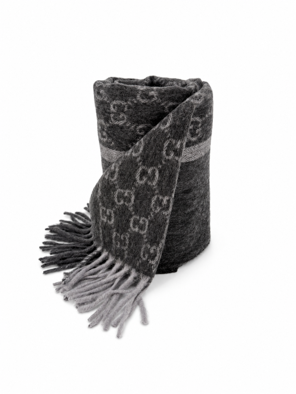 Monogram Charcoal Grey Cashmere & Wool Scarf with Fringe