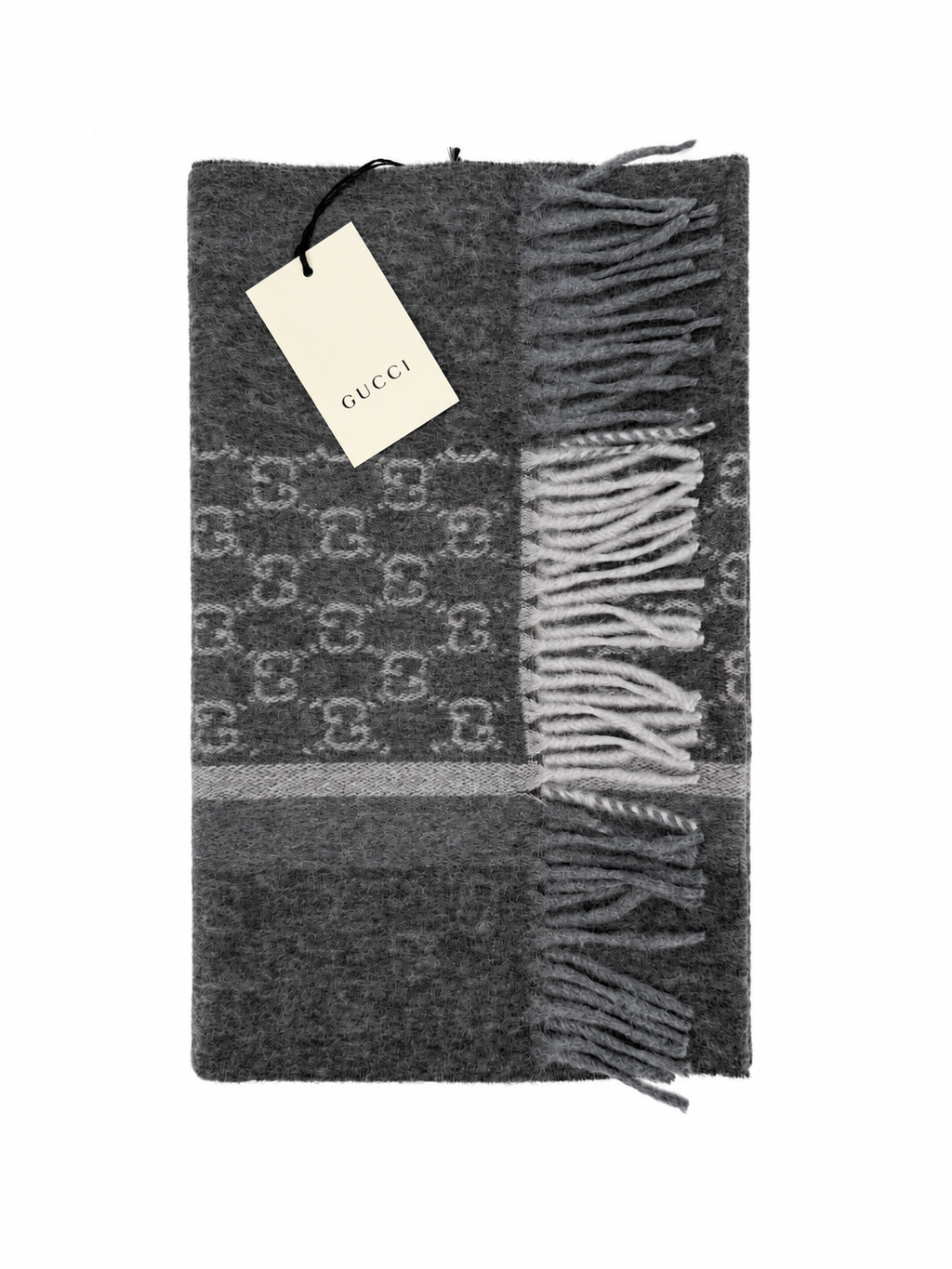Monogram Charcoal Grey Cashmere & Wool Scarf with Fringe